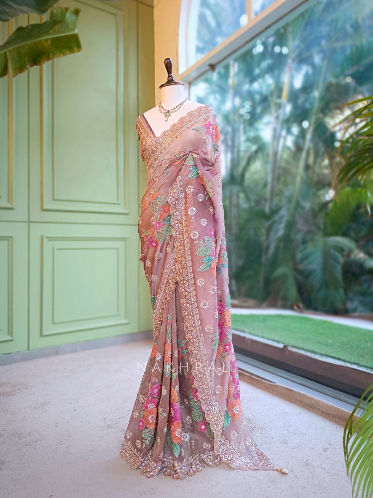 Image of Noor-e-Bahar Wine Silk Organza Saree with Multicolor Floral Resham Embroidery