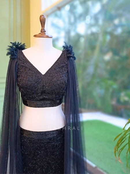 Nova Black Crop Top & Skirt Set with Cut Dana Work