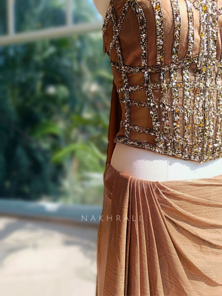 Henley Brown Shimmer Corset Skirt Set with Sequin Grid Work