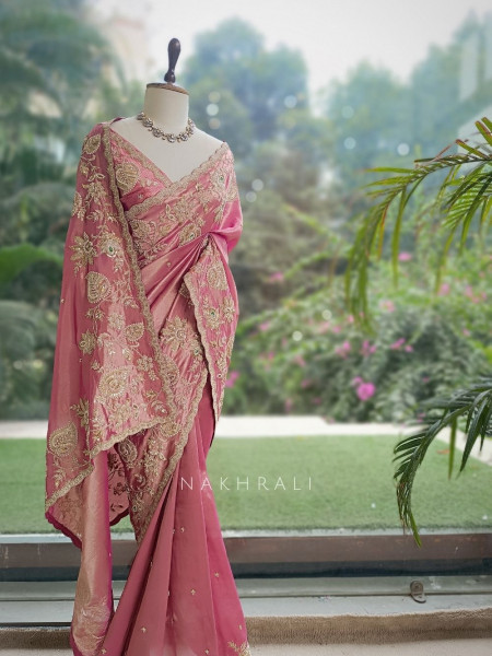 Nishaara Onion Pink Metallic Silk Tissue Saree with Zardozi & Paisley Embroidery