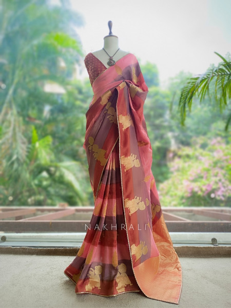 Rangrekha Pink Saree With Striped Woven Figurative Motifs