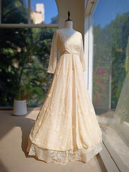 Elvya Cream Embroidered Achkan Lehenga Set
