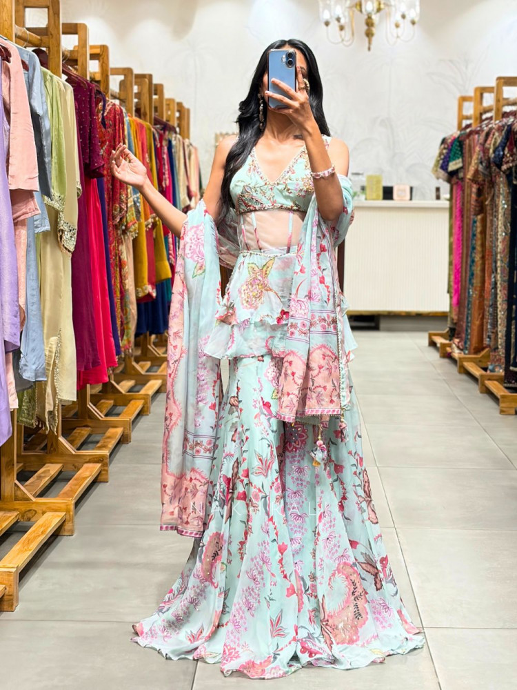 Image of Kyvion Blue Indo Western Palazzo Set with Mirror Bead Work