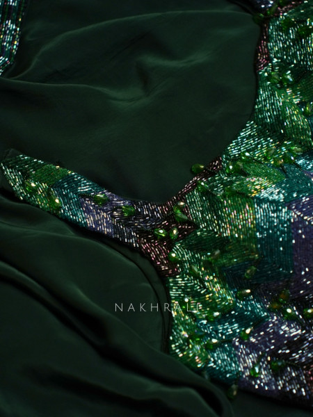 Afsoon-e-Zamarrad Emerald Green Satin Georgette Saree with Readymade Blouse