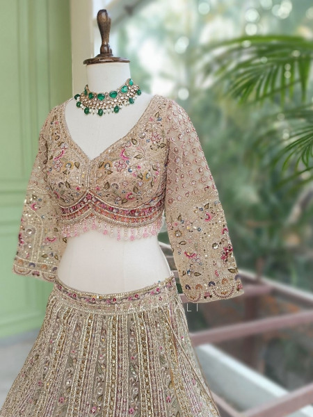 Shararat Beige Net Lehenga Set with Sequin Embroidery