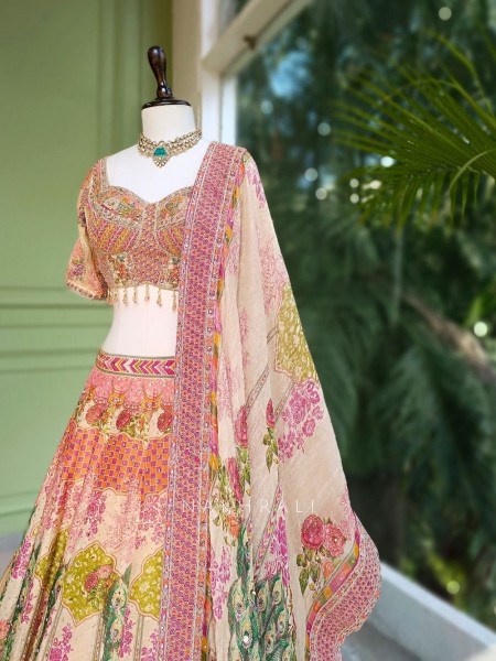 Sanika Beige Silk Printed Lehenga with Mirror Work