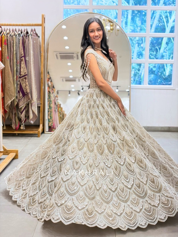 Image of Moss-Gilded Grey Tulle &amp; Satin Gown