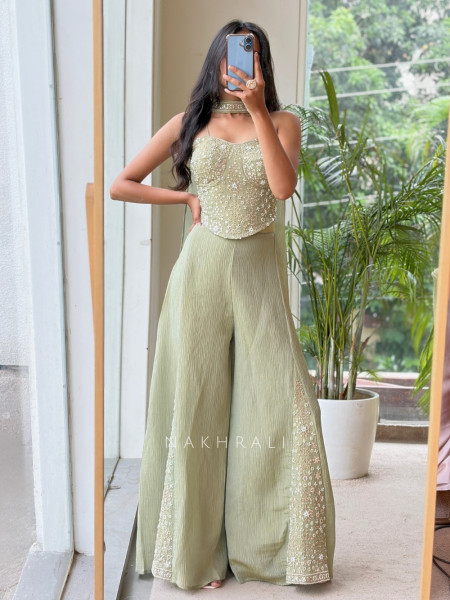 Sylvette Green Georgette Indo-Western Palazzo Set