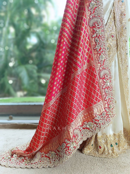 Celestial White Satin Silk Saree With Red Embroidered Dupatta