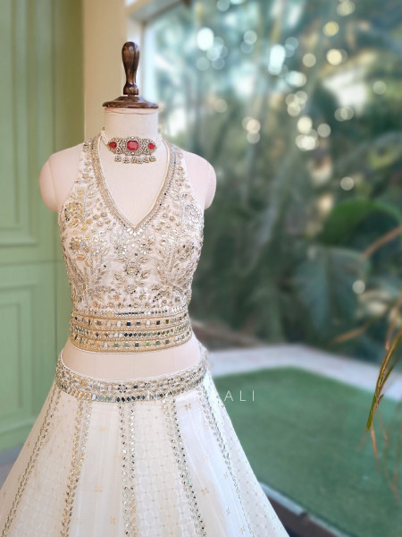 Shabnam Sheesha White Georgette & Tulle Net Designer Lehenga Set
