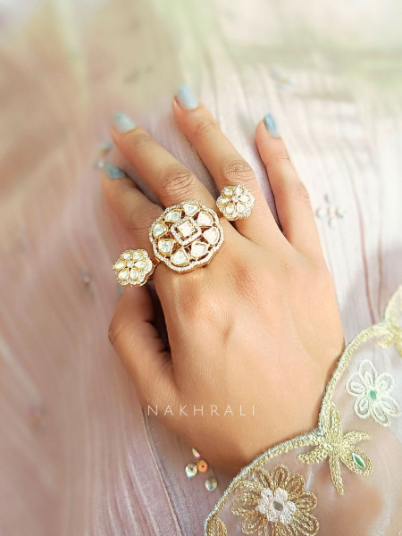 Rajvi Kundan Triple Motif Ring with Polki Detailing