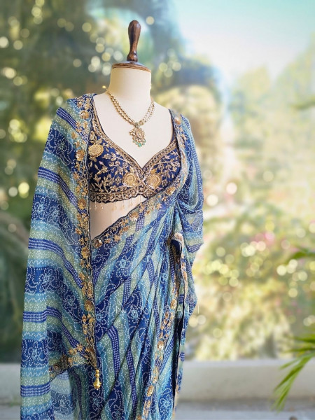 Riva Blue Printed Saree with Embroidered Readymade Blouse