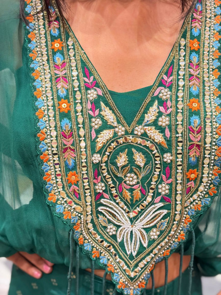 Boho Green Chinon Drape Skirt Set with Embroidered Tassel Yoke