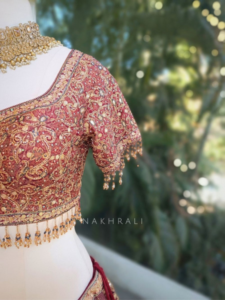 Evara Wine Bridal Lehenga with Gota Patti and Bead Work