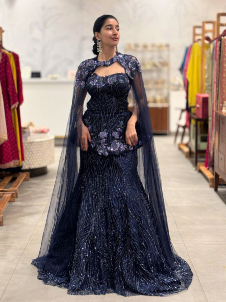 Luna Dark Blue Peplum Indo-Western Lehenga