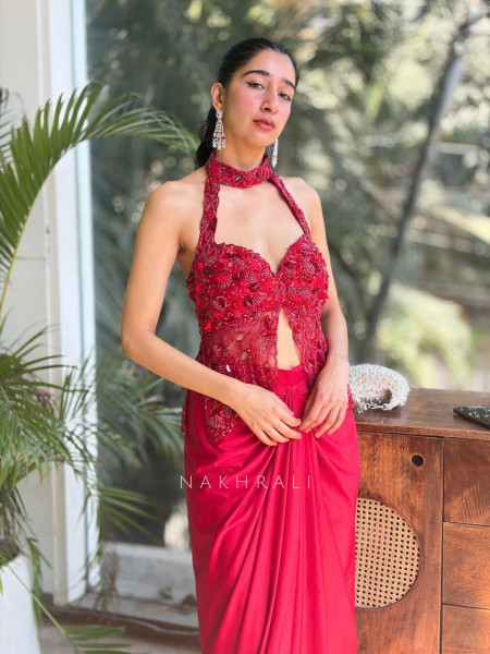 Rivya Embroidered Halter Crop Top with Draped Skirt Set