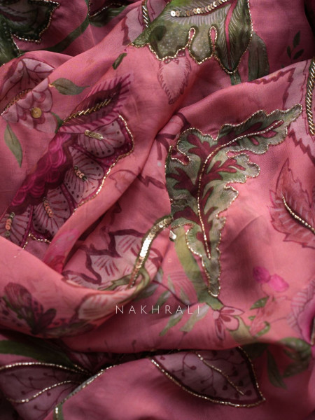 Manoram Pink Floral Printed Saree with Beaded Readymade Blouse