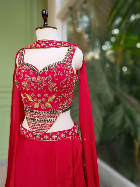 Navira Red Indo Western Draped Dress with Zari Cut Dana and Sequin Work