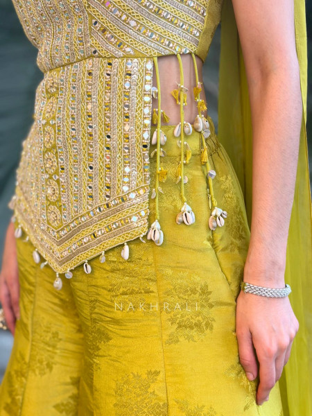 Zariya Lime Green Mirror Crop Top Palazzo Set with Choker Dupatta