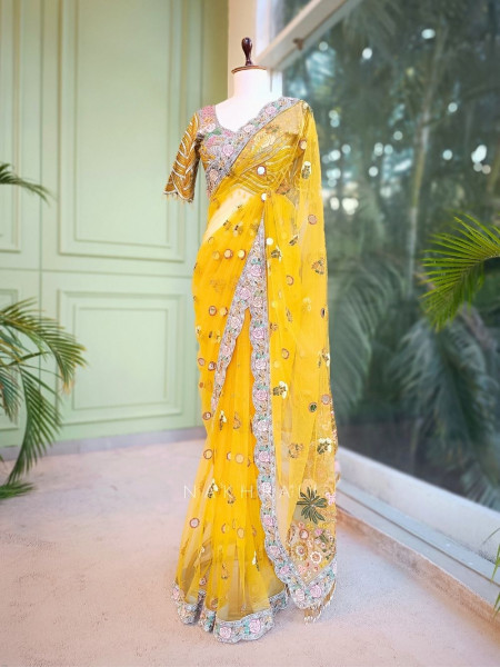 Amber Shine Yellow Net Saree with Zari, Sequins and Thread Embroidery