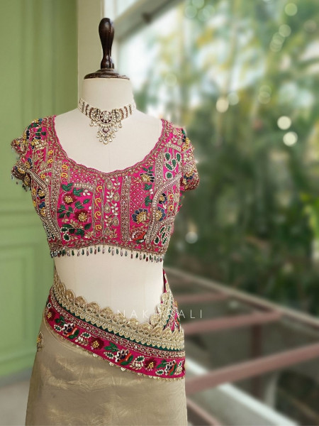 Merona Magenta Saree with Zari Sequin Beads and Cut Dana Work