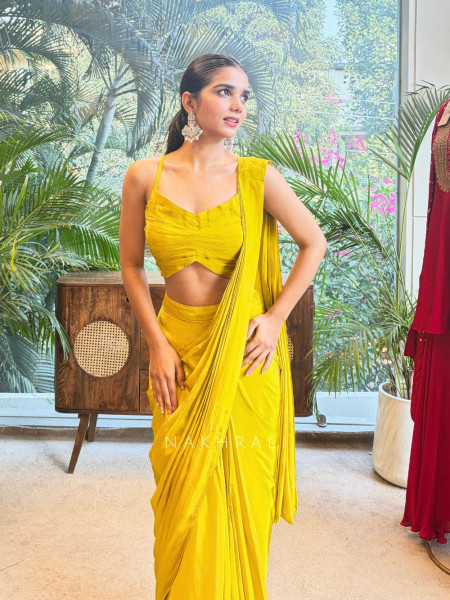 Serenara Yellow Drape Saree with Embellished Cape