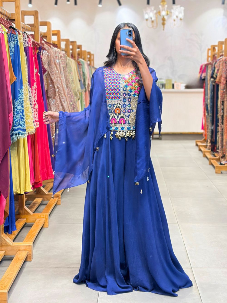 Image of Bella Blue Indo Western Palazzo Set with Thread Embroidery Work