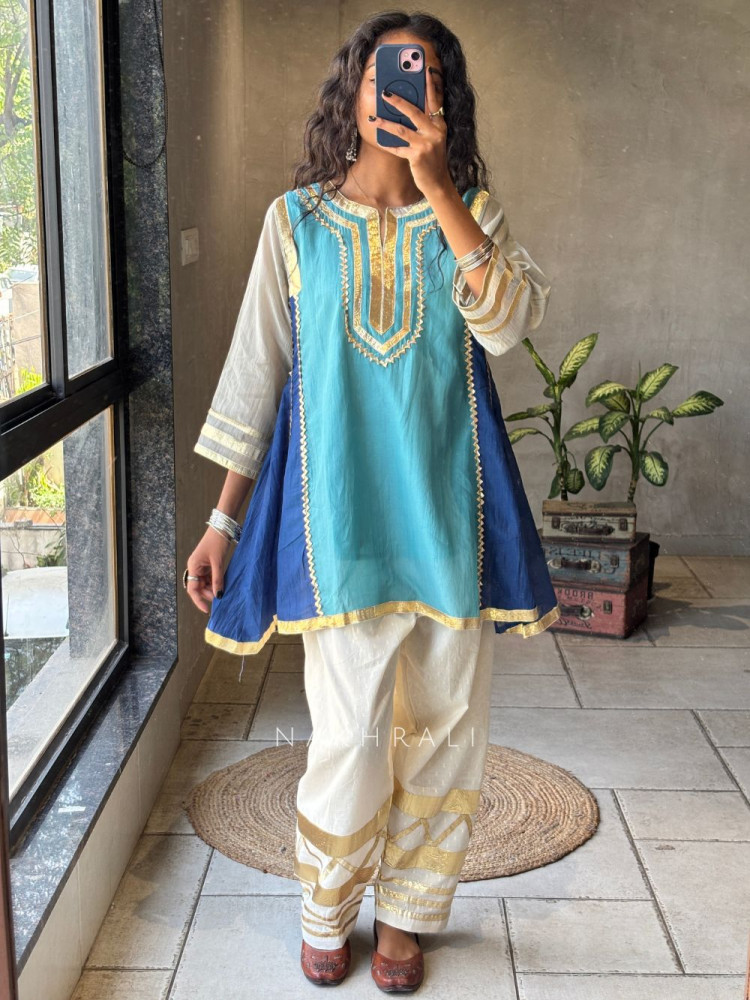 Image of Zoriva Blue Indo-Western Kurta Pant Set with Gota Patti Detailing