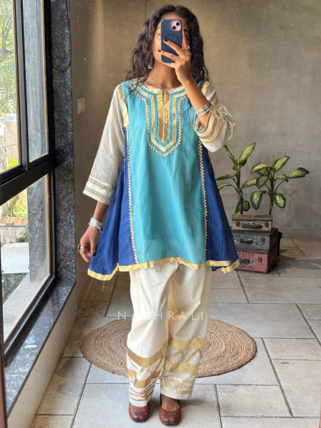 Zoriva Blue Indo-Western Kurta Pant Set with Gota Patti Detailing