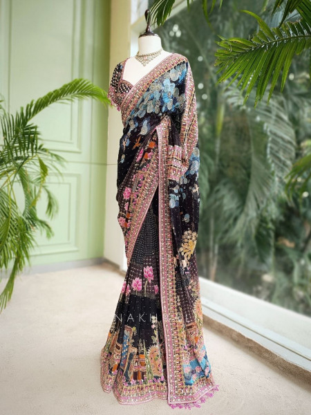 Enchanto Black Saree with Zari and Sequin Work