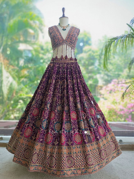 Gulaal-e-Firdaus Purple Green Lehenga Set Embroidery & Mirror Work