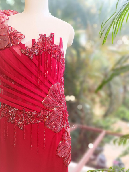 Sylrix Red Statement Gown with 3D Floral Sequin Embroidery