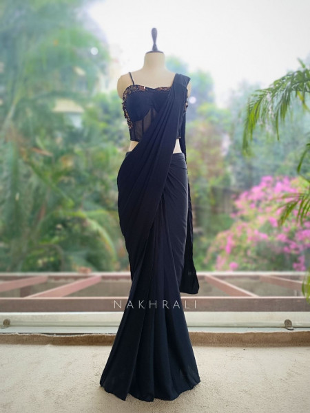 Monstera  Black Soft Mesh Georgette Drape Saree with Corset Blouse