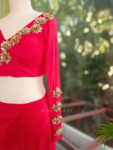 Carmine Red Indo Western Drape Skirt Set with Zari and Sequin Embellishment