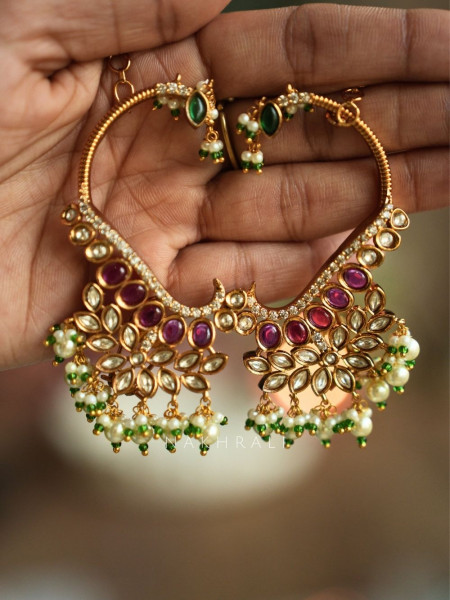 Arnika Magenta Floral Kundan Hoop Earrings