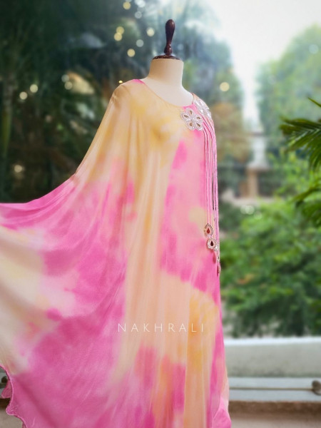 Rosé Glow Pink Indo Western Palazzo Cape Set with Mirror & Cut Dana Work