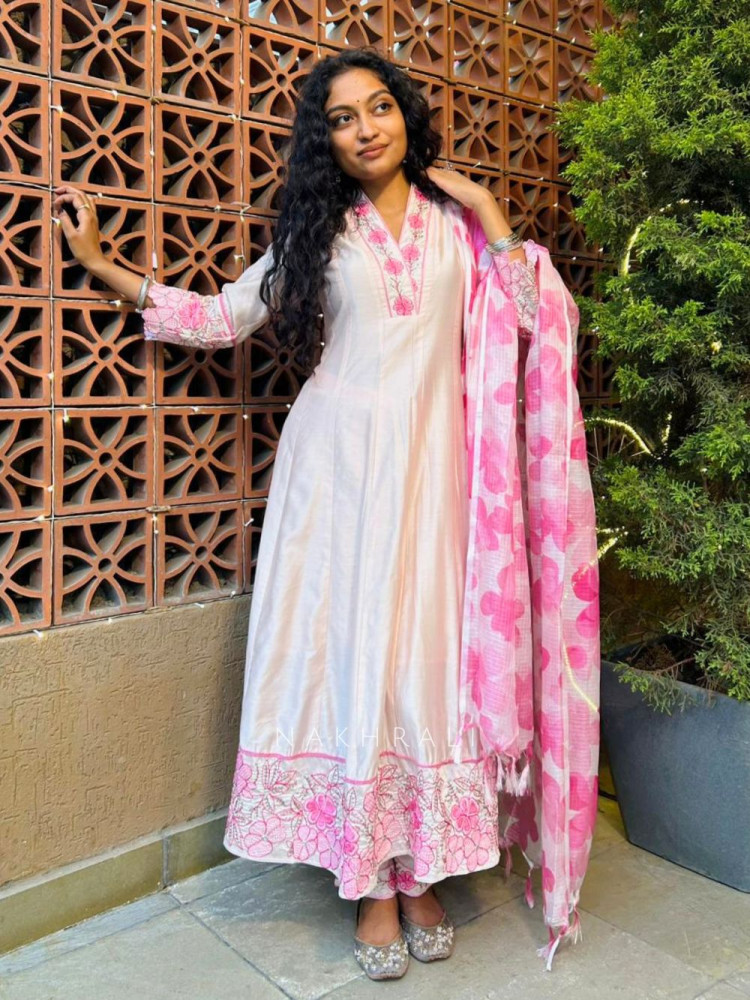 Image of Rivaya White Anarkali Suit Set with Pink Printed Dupatta