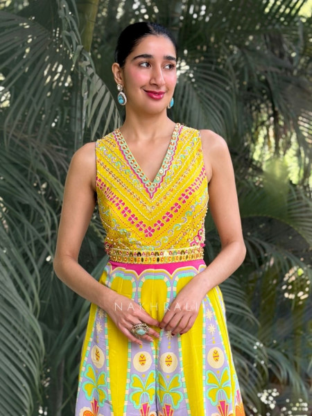 Elina Yellow Embellished Indo-Western Jumpsuit