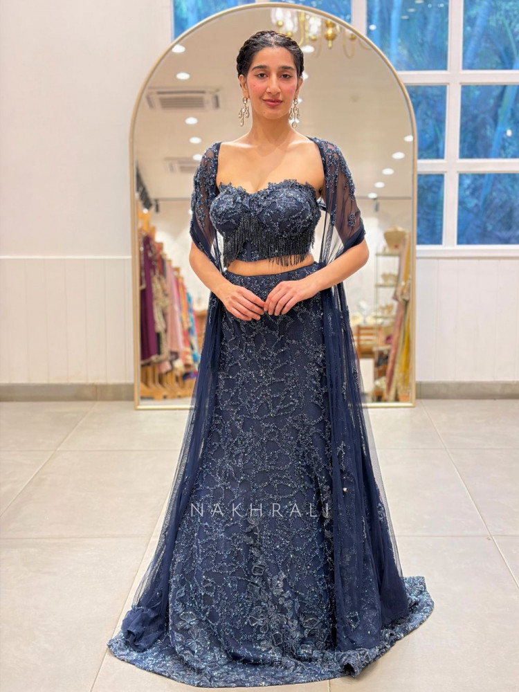 Image of Dangling Bugl Blue Net Indo-Western Cape Lehenga