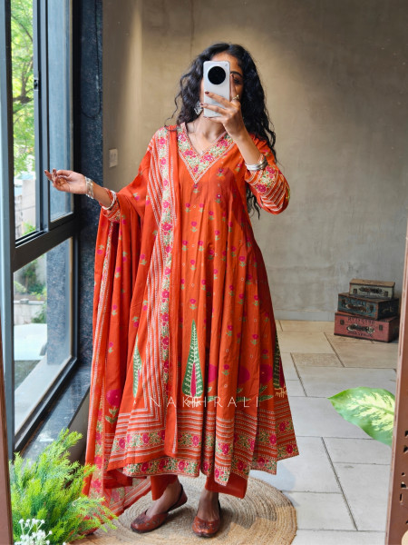 Nirvaya Orange Anarkali Suit Set with Printed Dupatta