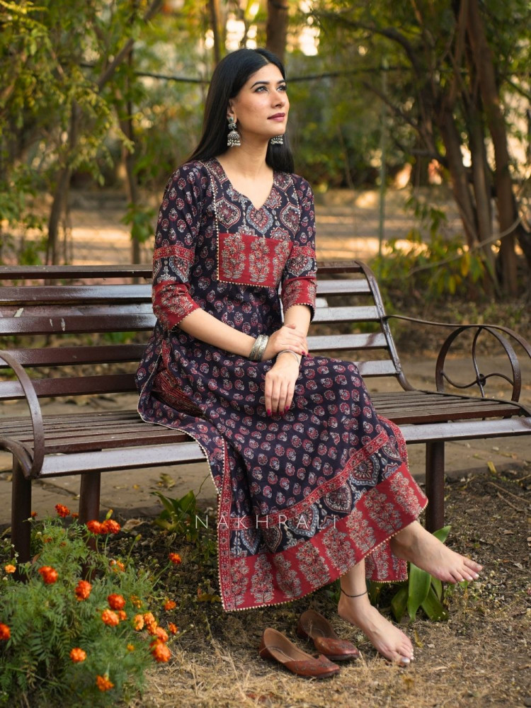 Image of Noori Black Cotton Flared Kurta Pant Set