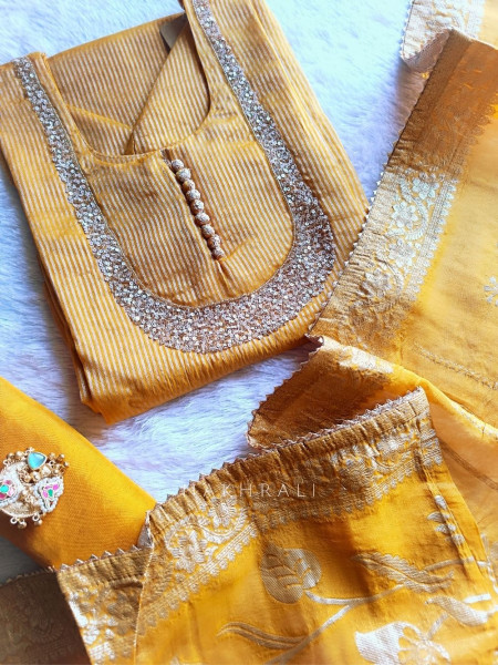 Noorline Glow Yellow Semi-stitched Dress Material with Sequin and Cut Dana Work