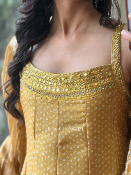 Utsavi Yellow Anarkali Suit Set With Bandhani, Gota Patti & Scalloped Zari Work