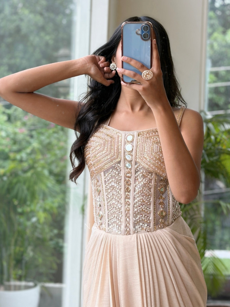 Image of Sohvi Beige Drape Gown with Bead, Sequin, Cut Dana and Mirror Work