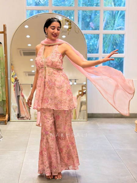 Mira Pink Gharara Suit Set with Floral Zari Work