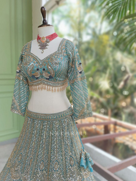 Vastra Firozi Net Lehenga with Cut Dana Sequin Bead Work
