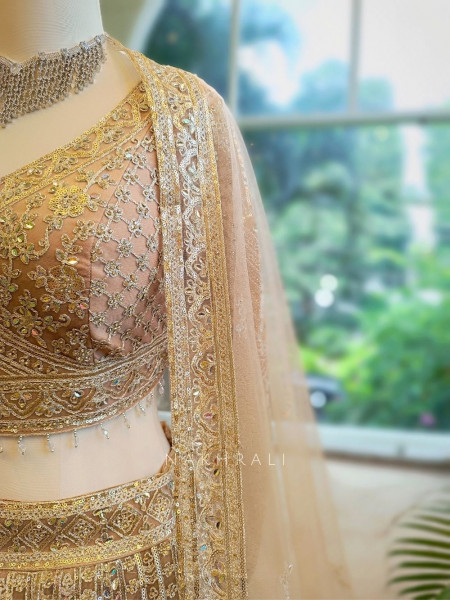 Golden Flare beige Lehenga with Thread and Sequin Work