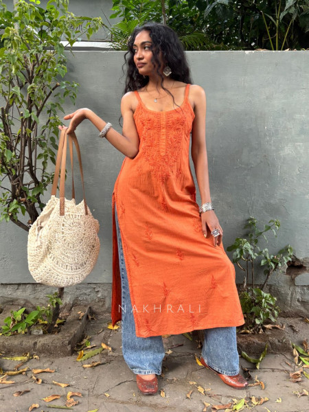 Sunbreeze Orange Cotton Chikankari Sleeveless Kurti with Embroidery