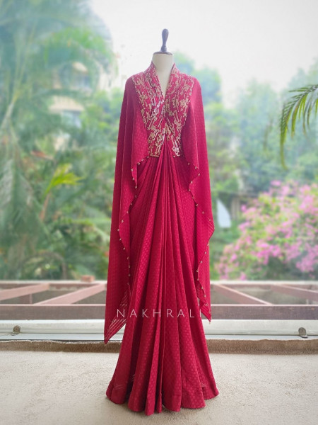 Wrinkle Red Viscose Georgette Crepe Gown