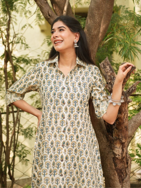 Rihana Cream Cotton Block Printed Button-Down Dress